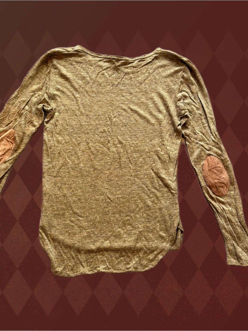 Massimo Dutti Long-Sleeve faux suede Elbow-Patch Tee in olive green.
